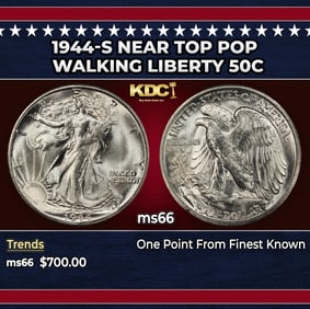 1944-s Walking Liberty Half Dollar Near Top Pop 50c Grades ms66