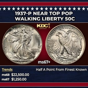 1937-p Walking Liberty Half Dollar Near Top Pop 50c ms67+ SEGS