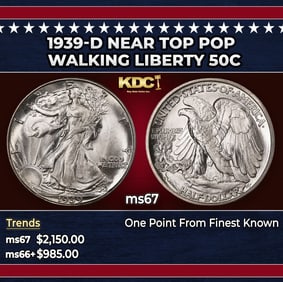 1939-d Walking Liberty Half Dollar Near Top Pop 50c ms67 SEGS