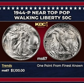 1944-p Walking Liberty Half Dollar Near Top Pop 50c ms67 SEGS