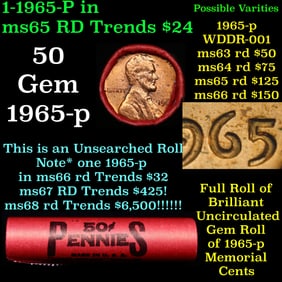 BU Shotgun Lincoln 1c roll, 1965-p 50 pcs Bank Wrapper 50c