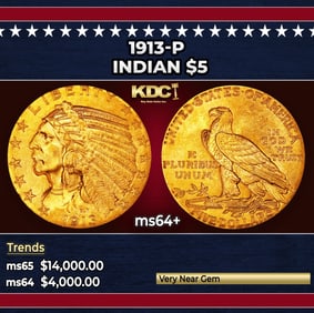 1913-p Gold Indian Half Eagle $5 ms64+ USCG