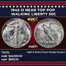 1945-d Walking Liberty Half Dollar Near Top Pop 50c ms67+ SEGS