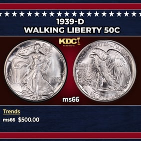 1939-d Walking Liberty Half Dollar 50c Grades ms66