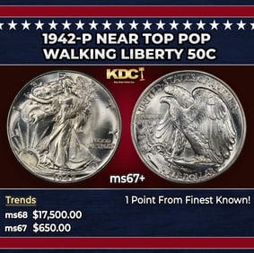 1942-p Walking Liberty Half Dollar Near Top Pop 50c ms67+ SEGS