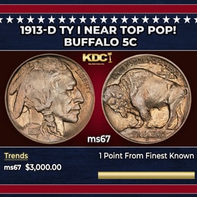 1913-d Ty I Buffalo Nickel Near Top Pop! 5c ms67 SEGS