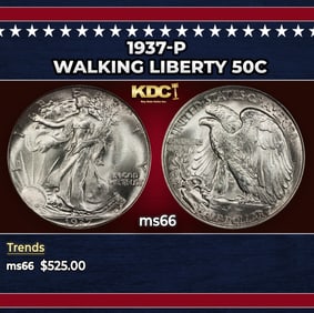 1937-p Walking Liberty Half Dollar 50c Grades ms66