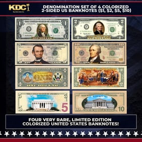 Denomination Set of 4 Colorized 2-Sided US Banknotes ($1, $2, $5, $10) Other Toy
