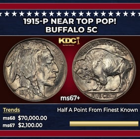1915-p Buffalo Nickel Near Top Pop! 5c ms67+ SEGS
