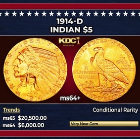 1914-d Gold Indian Half Eagle $5 ms64+ USCG