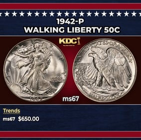 1942-p Walking Liberty Half Dollar 50c ms67 SEGS