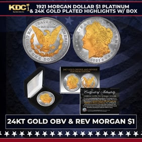 1921 Morgan Dollar $1 Platinum & 24K Gold Plated Highlights w/ Box Other Toy