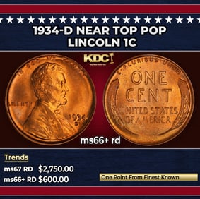 1934-d Lincoln Cent Near Top Pop 1c ms66+ rd SEGS