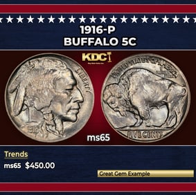 1916-p Buffalo Nickel 5c Grades ms65