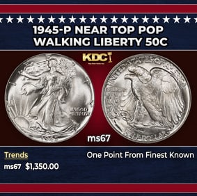 1945-p Walking Liberty Half Dollar Near Top Pop 50c ms67 SEGS