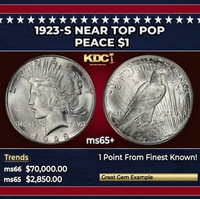 1923-s Peace Dollar Near Top Pop $1 ms65+ SEGS