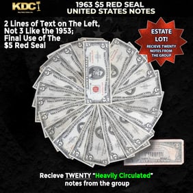 20x 1963 $5 Red Seal United States Note Heavily Circulated