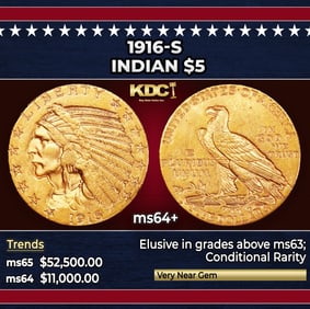 1916-s Gold Indian Half Eagle $5 ms64+ USCG