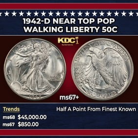 1942-d Walking Liberty Half Dollar Near Top Pop 50c ms67+ SEGS