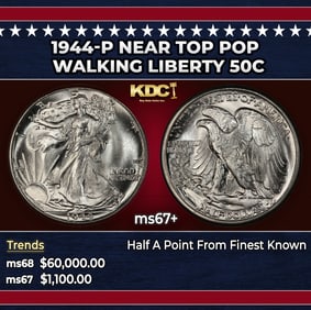 1944-p Walking Liberty Half Dollar Near Top Pop 50c ms67+ SEGS