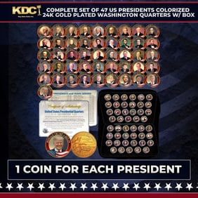Complete Set of 47 US Presidents Colorized 24k Gold Plated Washington Quarters w/ BOX Other Toy