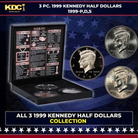 Complete 3 PC. 1999 Kennedy Half Dollar 50c set In Custom Box W/ Special Backer Card BU & Proof