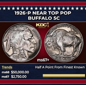 1926-p Buffalo Nickel Near Top Pop 5c ms67+ SEGS