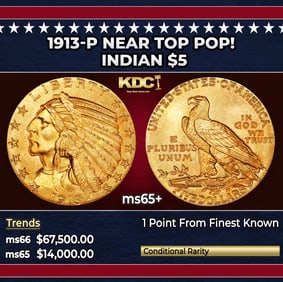 1913-p Gold Indian Half Eagle Near Top Pop! $5 ms65+ USCG