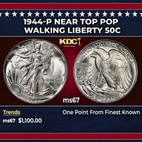 1944-p Walking Liberty Half Dollar Near Top Pop 50c ms67 SEGS