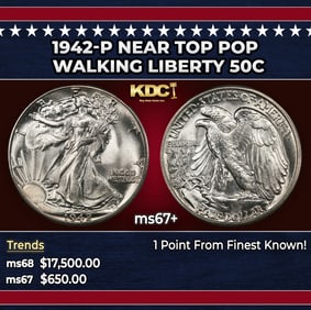 1942-p Walking Liberty Half Dollar Near Top Pop 50c ms67+ SEGS