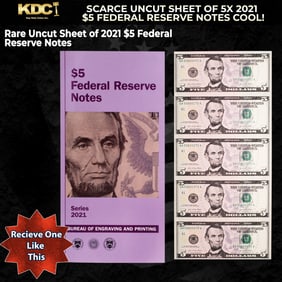 Scarce Uncut Sheet of 5x 2021 $5 Federal Reserve Notes Bureau of Engraving and Printing COOL!