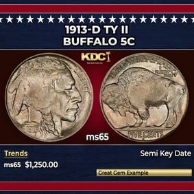 1913-d Ty II Buffalo Nickel 5c ms65 SEGS