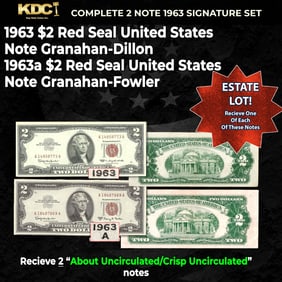 Complete 1963 $2 Red Seal United States Note Signature Set 1963, 1963A 2 Notes, Grades Au/CU