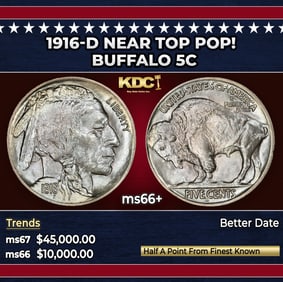 1916-d Buffalo Nickel Near Top Pop! 5c ms66+ SEGS