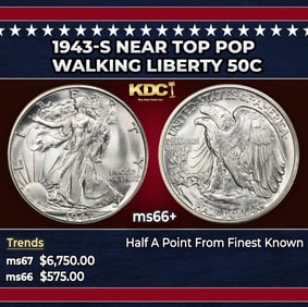 1943-s Walking Liberty Half Dollar Near Top Pop 50c ms66+ SEGS