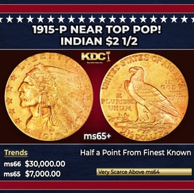 1915-p Gold Indian Quarter Eagle Near Top Pop! $2 1/2 ms65+ USCG