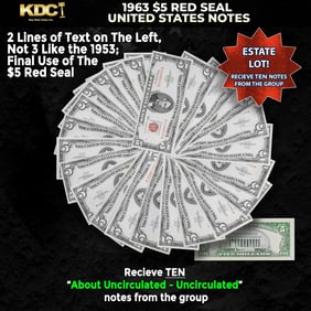 10x 1963 $5 Red Seal United States Note Grades AU/CU