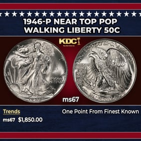 1946-p Walking Liberty Half Dollar Near Top Pop 50c ms67 SEGS