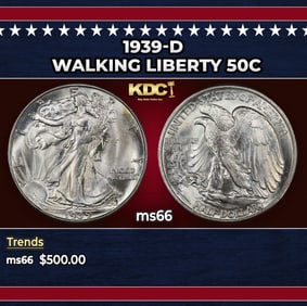 1939-d Walking Liberty Half Dollar 50c Grades ms66