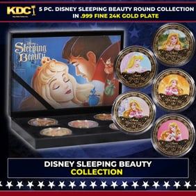5 Coin Disney Sleeping Beauty Gold Plated Round Collection In Custom Box W/ Special Backer card