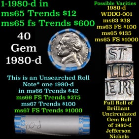 BU Shotgun Jefferson 5c roll, 1980-d 40 pcs Bank $2 Nickel Wrapper