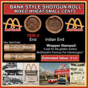 Lincoln Wheat Cent 1c Mixed Roll Orig Brandt McDonalds Wrapper, 1926-d end, Indian other end