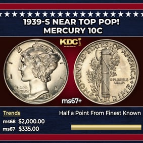 1939-s Mercury Dime Near Top Pop! 10c ms67+ SEGS