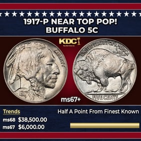 1917-p Buffalo Nickel Near Top Pop! 5c ms67+ SEGS