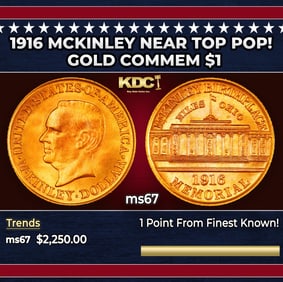 1916 McKinley Gold Commem Dollar Near Top Pop! 1 ms67 SEGS
