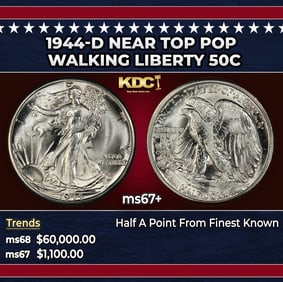 1944-d Walking Liberty Half Dollar Near Top Pop 50c ms67+ SEGS