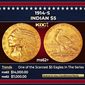1914-s Gold Indian Half Eagle $5 ms62+ USCG