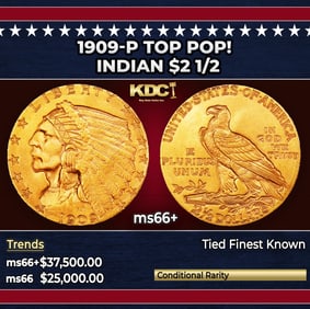 1909-p Gold Indian Quarter Eagle TOP POP! $2 1/2 ms66+ USCG