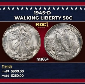 1945-d Walking Liberty Half Dollar 50c ms66+ SEGS