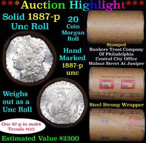 Full solid date 1887-p Uncirculated Morgan silver dollar roll, 20 coins